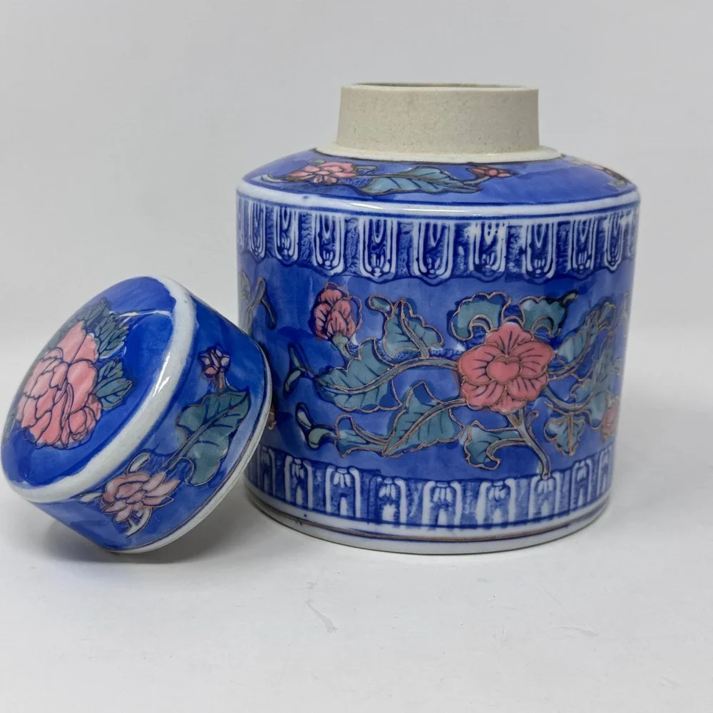 Vintage Blue Floral Ginger Jar Canister Chinoiserie Porcelain 6